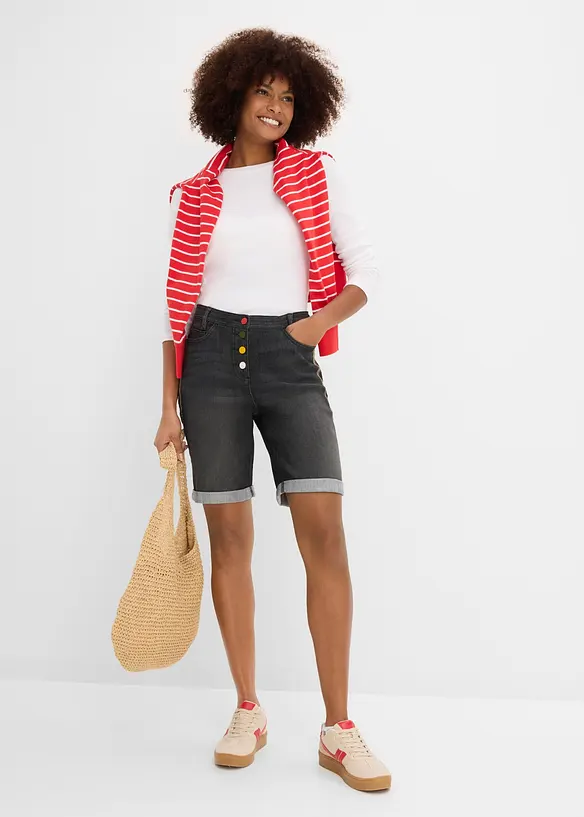 Jeansbermudas Mid Waist med broderi och bekv&auml;m midja, bonprix