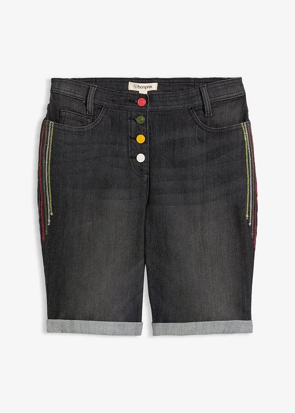 Jeansbermudas Mid Waist med broderi och bekv&auml;m midja, bonprix