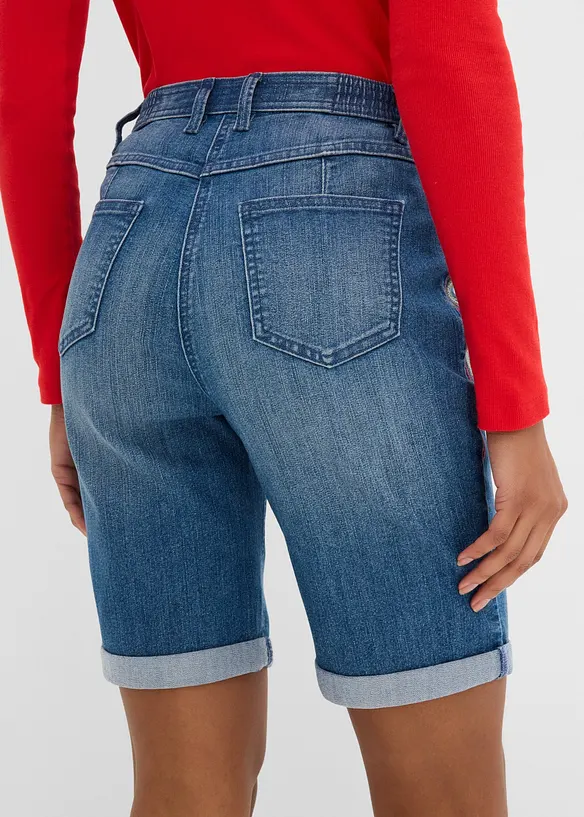 Jeansbermudas Mid Waist med broderi och bekv&auml;m midja, bonprix