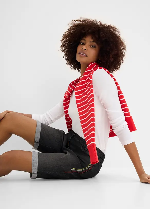 Jeansbermudas Mid Waist med broderi och bekv&auml;m midja, bonprix