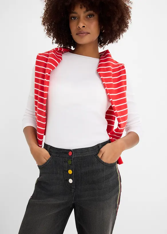 Jeansbermudas Mid Waist med broderi och bekv&auml;m midja, bonprix