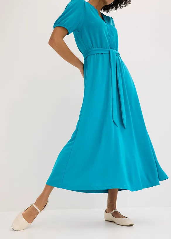 Mellanl&aring;ng kl&auml;nning i viskospik&eacute; med knytsk&auml;rp (2 delar), bonprix