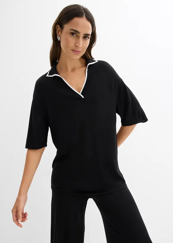 Finstickad jumper med tenniskrage, av viskosmix, bonprix