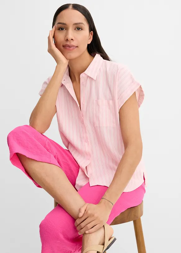Kort&auml;rmad blus i linnemix, bonprix