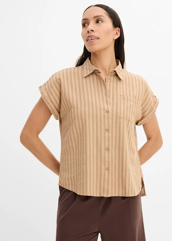 Kort&auml;rmad blus i linnemix, bonprix