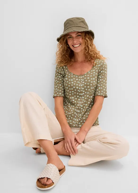 Ribbad topp med blomm&ouml;nster, halv &auml;rm, bonprix