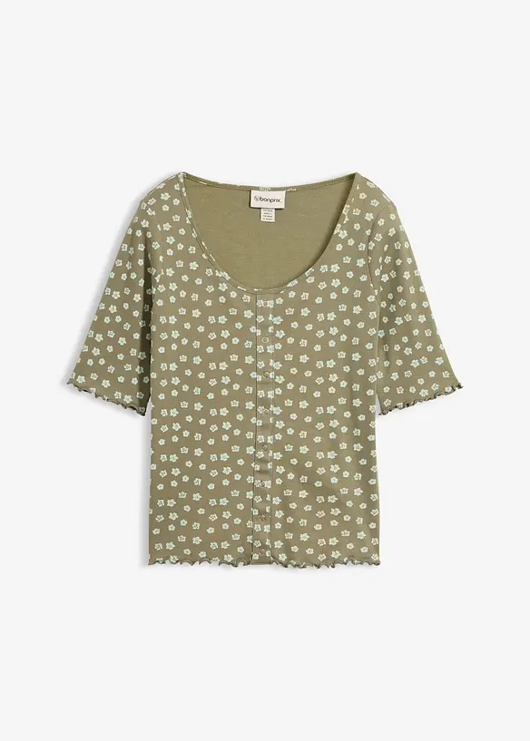 Ribbad topp med blomm&ouml;nster, halv &auml;rm, bonprix