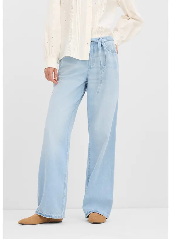 Wide Leg Jeans, Mid Waist, med knytsk&auml;rp, bonprix