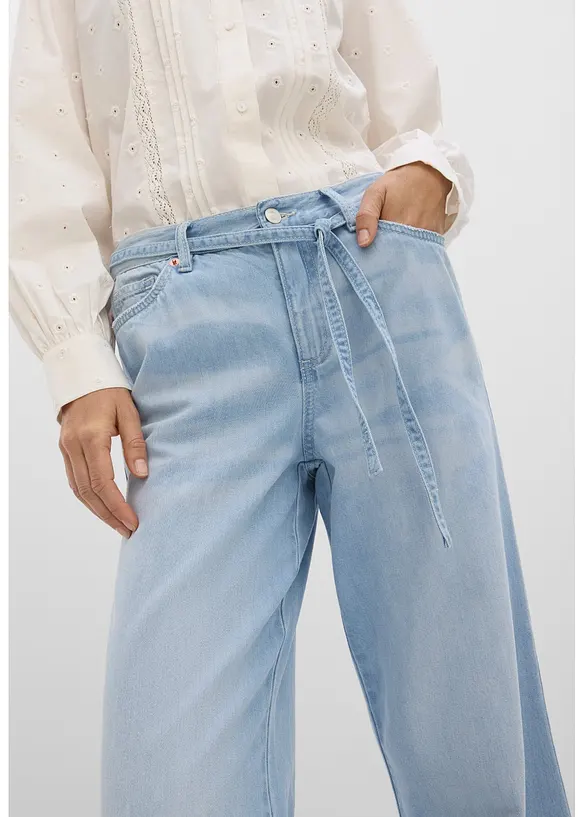 Wide Leg Jeans, Mid Waist, med knytsk&auml;rp, bonprix