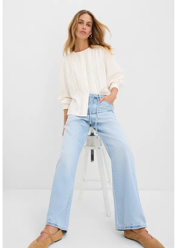 Wide Leg Jeans, Mid Waist, med knytsk&auml;rp, bonprix
