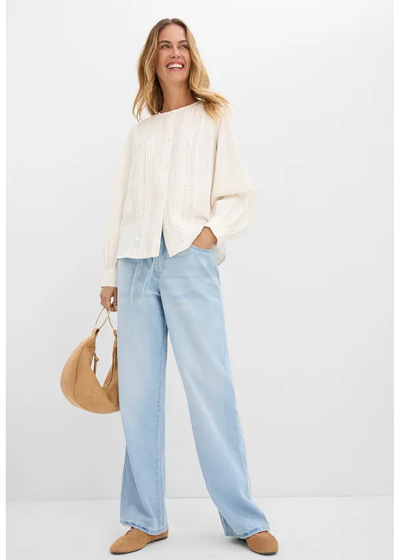 Wide Leg Jeans, Mid Waist, med knytsk&auml;rp, bonprix