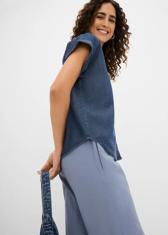 Kort&auml;rmad jeansblus med linneandel, bonprix