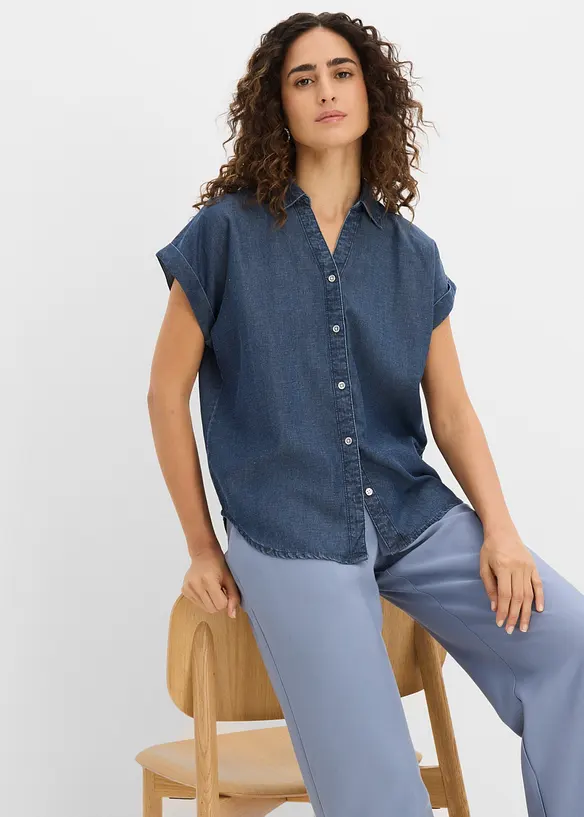 Kort&auml;rmad jeansblus med linneandel, bonprix