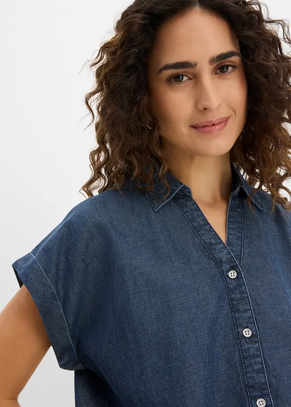 Kort&auml;rmad jeansblus med linneandel, bonprix