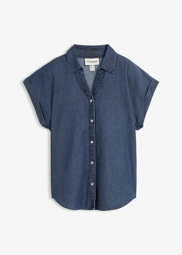 Kort&auml;rmad jeansblus med linneandel, bonprix