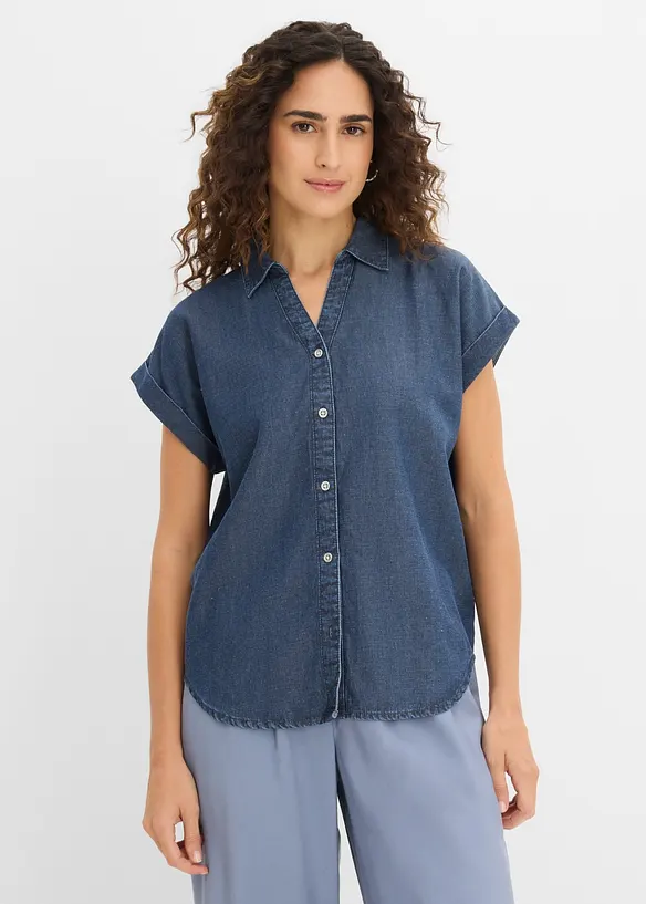 Kort&auml;rmad jeansblus med linneandel, bonprix
