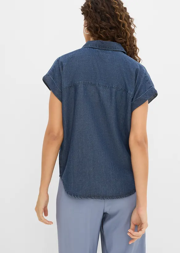 Kort&auml;rmad jeansblus med linneandel, bonprix