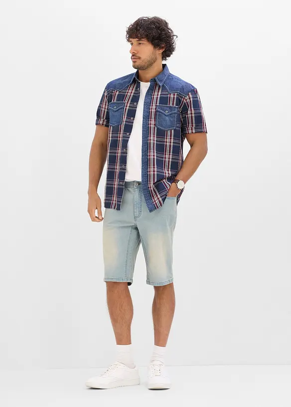 Kort&auml;rmad skjorta med denimbes&auml;ttning av ekologisk bomull, bonprix