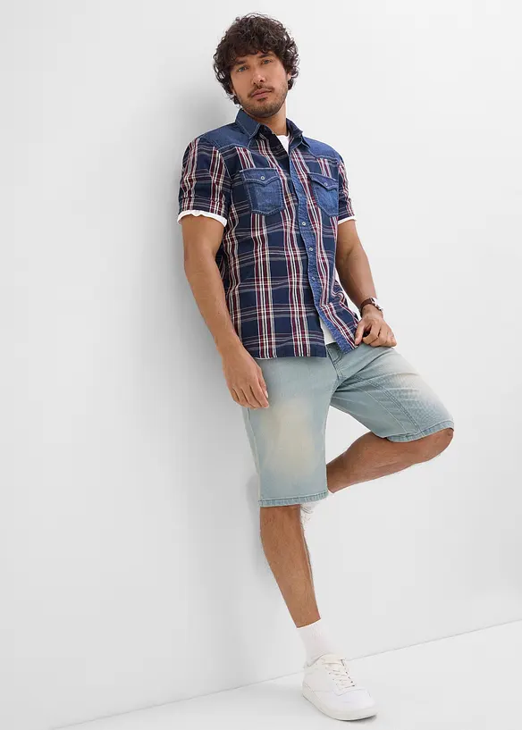 Kort&auml;rmad skjorta med denimbes&auml;ttning av ekologisk bomull, bonprix