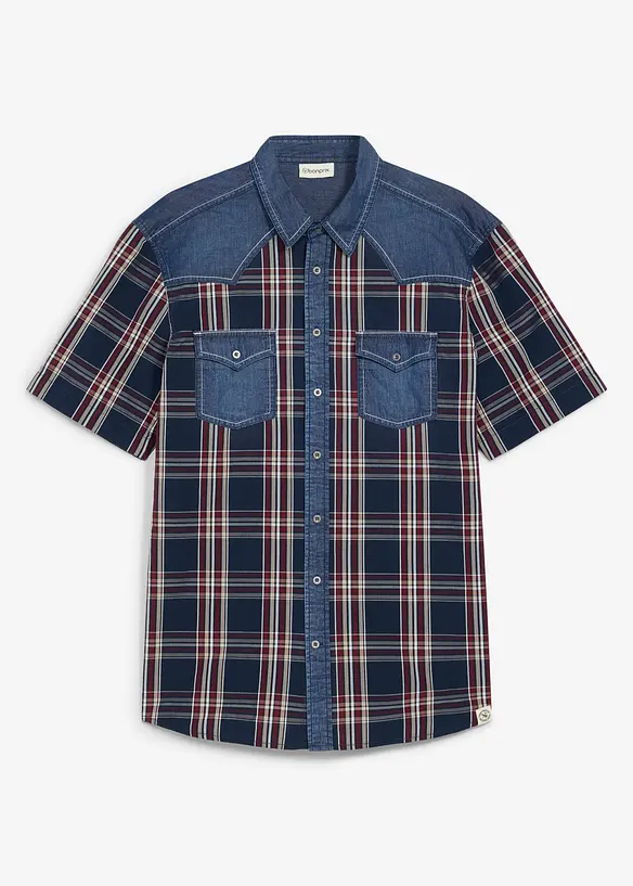 Kort&auml;rmad skjorta med denimbes&auml;ttning av ekologisk bomull, bonprix