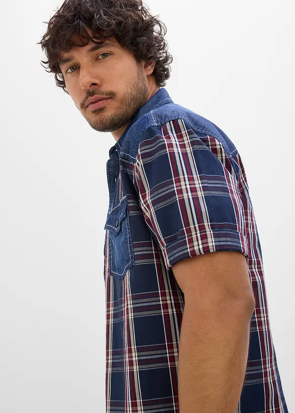 Kort&auml;rmad skjorta med denimbes&auml;ttning av ekologisk bomull, bonprix