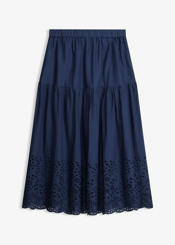 Mellanl&aring;ng kjol i bomull med h&aring;lbroderi, bonprix