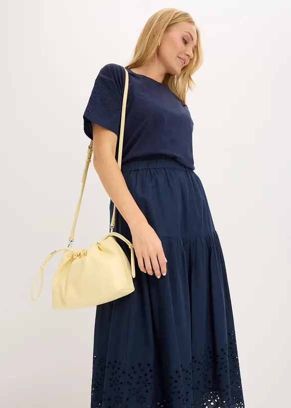 Mellanl&aring;ng kjol i bomull med h&aring;lbroderi, bonprix