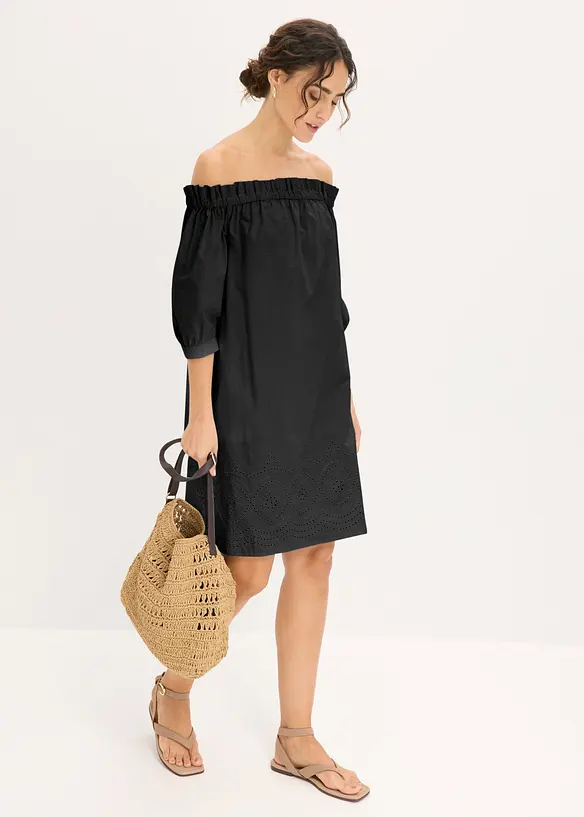 Off shoulder-kl&auml;nning i bomull med h&aring;lbroderi, bonprix