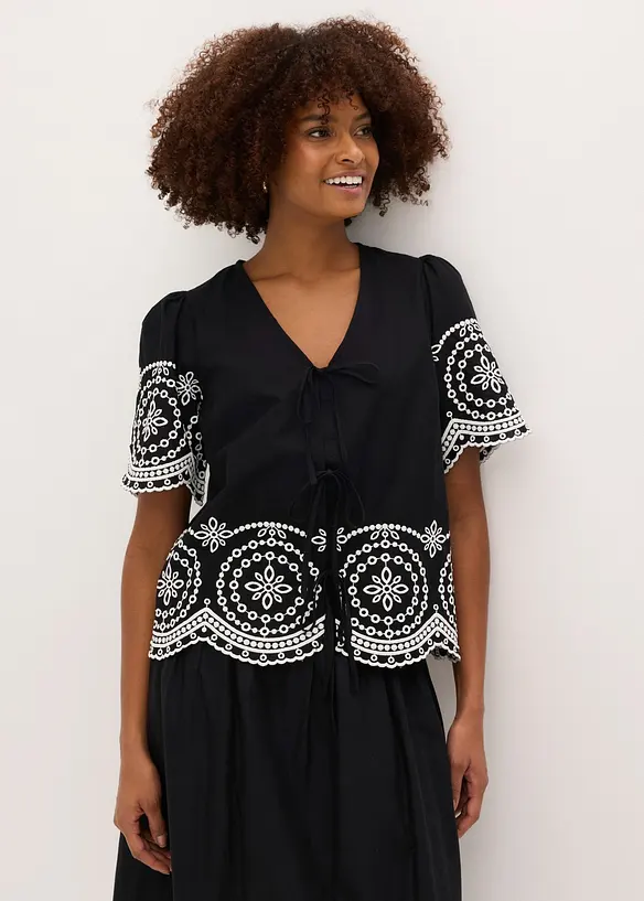 Blus i bomull med h&aring;lbroderi, bonprix