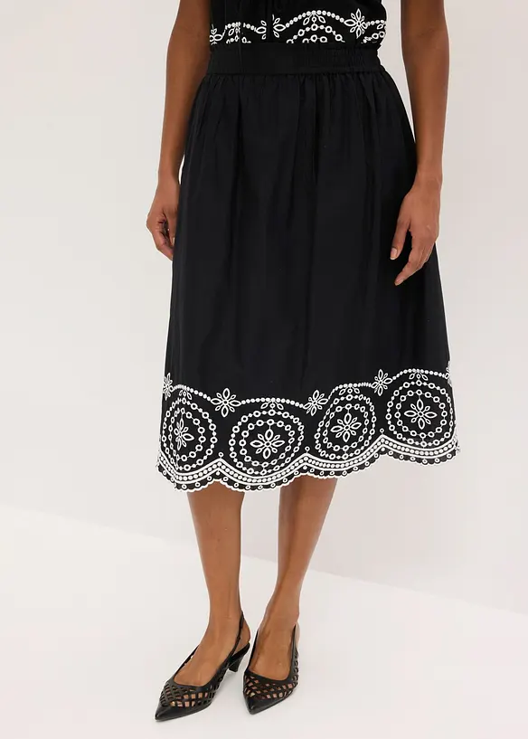 Mellanl&aring;ng kjol i bomull med h&aring;lbroderi, bonprix
