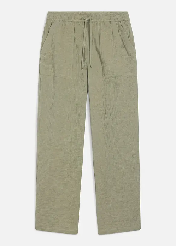 Dra p&aring;-byxa i mjuk muslin, avsmalnande ben, avslappnad passform, bonprix