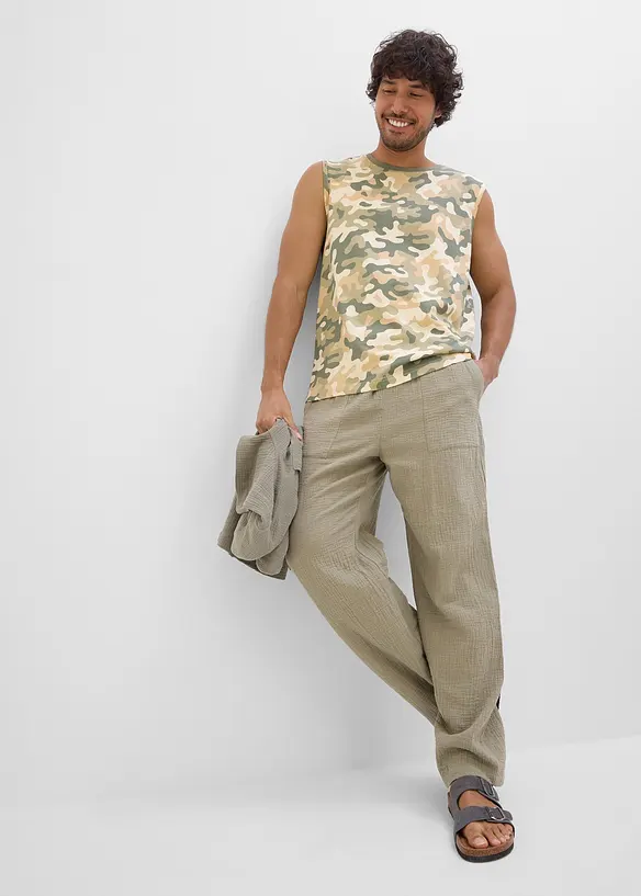 Dra p&aring;-byxa i mjuk muslin, avsmalnande ben, avslappnad passform, bonprix