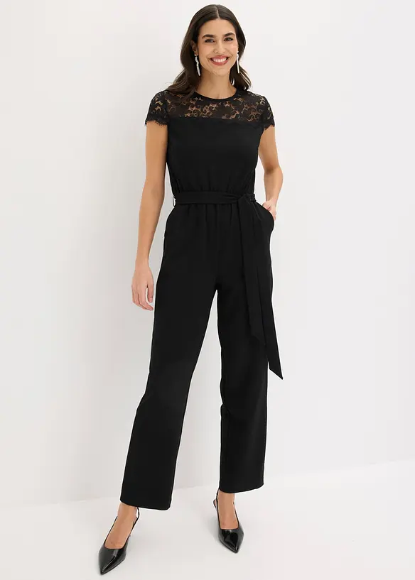 Jumpsuit i fintr&aring;dig jersey med spets, bonprix