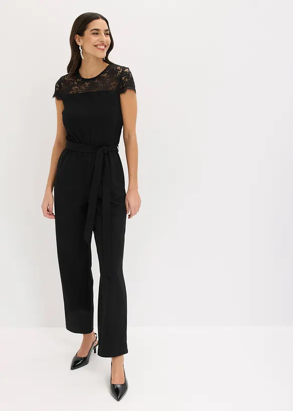 Jumpsuit i fintr&aring;dig jersey med spets, bonprix