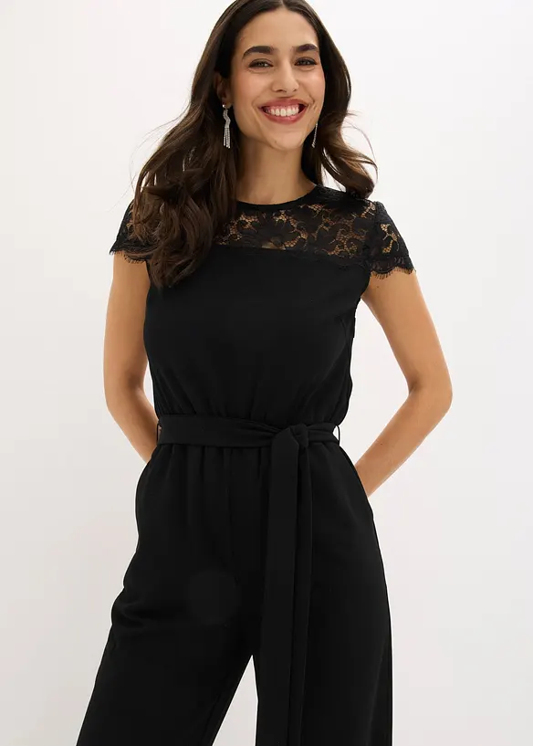 Jumpsuit i fintr&aring;dig jersey med spets, bonprix