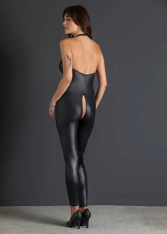 Catsuit ouvert med wetlook, bonprix