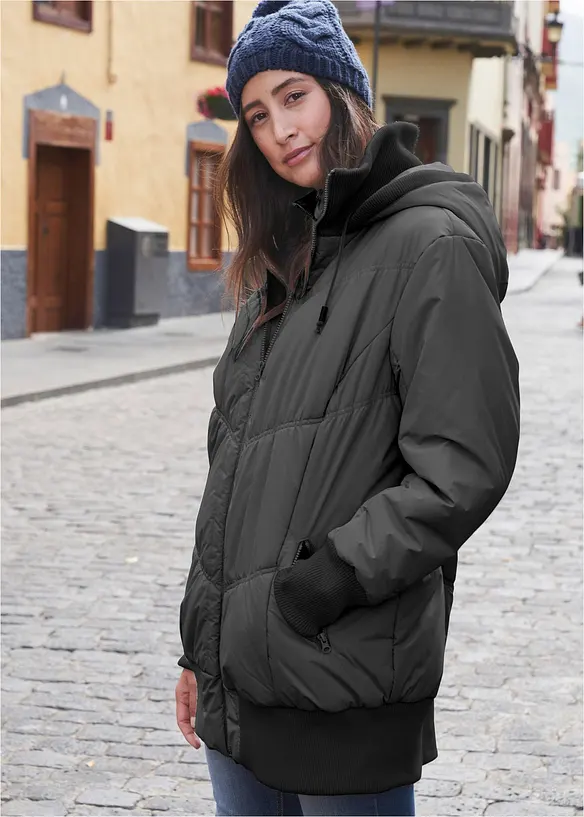 T&auml;ckjacka med bred res&aring;r i nederkanten och luva, bonprix