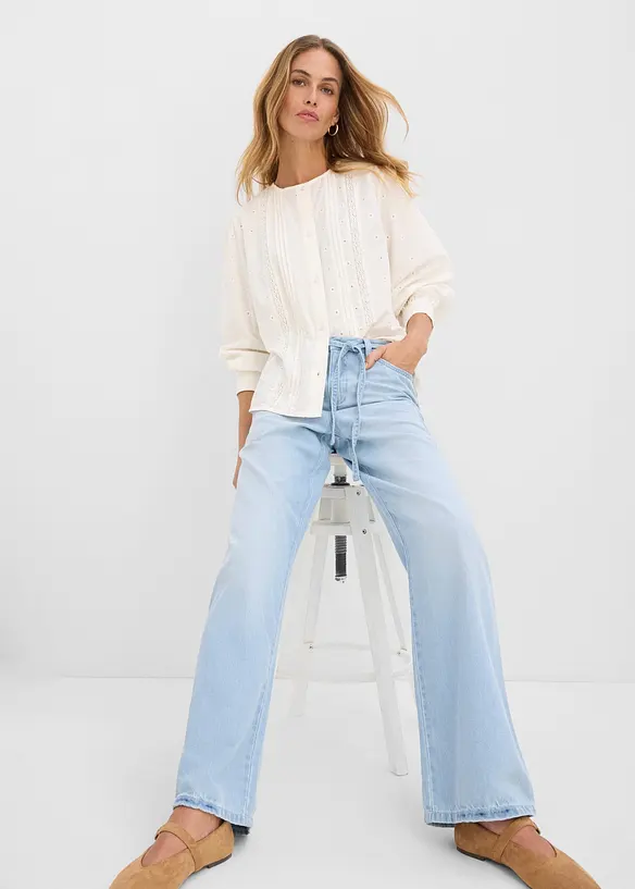Wide Leg Jeans, Mid Waist, med knytsk&auml;rp, bonprix