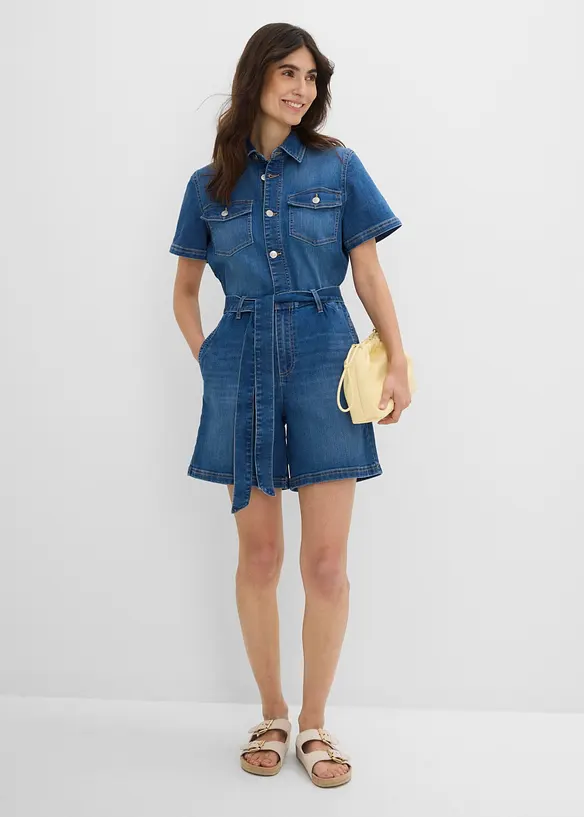 Jeansjumpsuit med korta &auml;rmar, bonprix