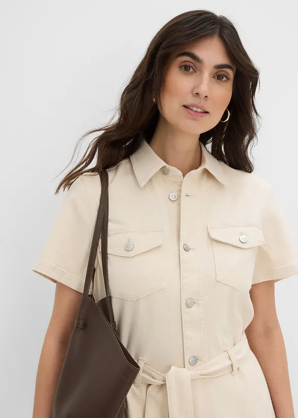 Jeansjumpsuit med korta &auml;rmar, bonprix