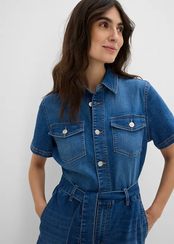 Jeansjumpsuit med korta &auml;rmar, bonprix