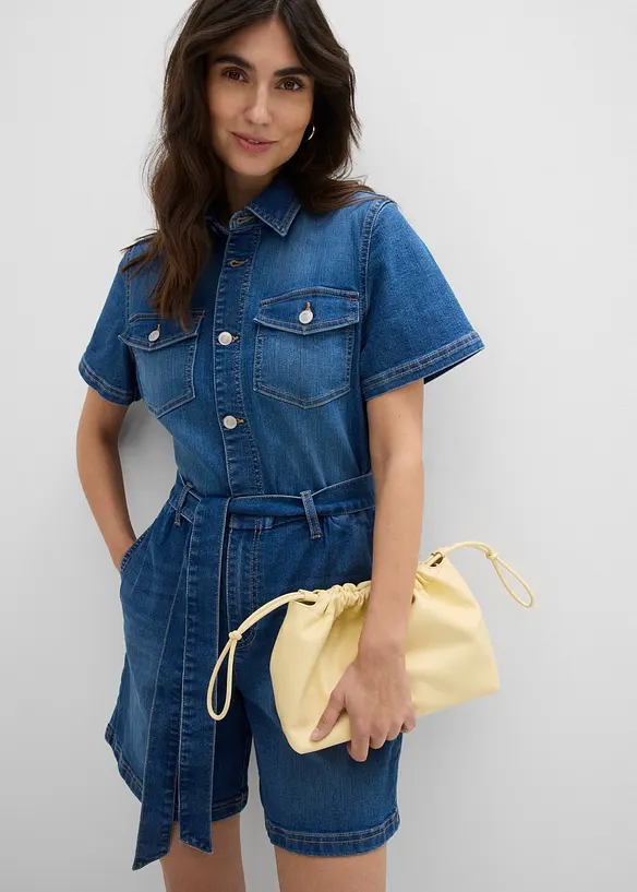 Jeansjumpsuit med korta &auml;rmar, bonprix