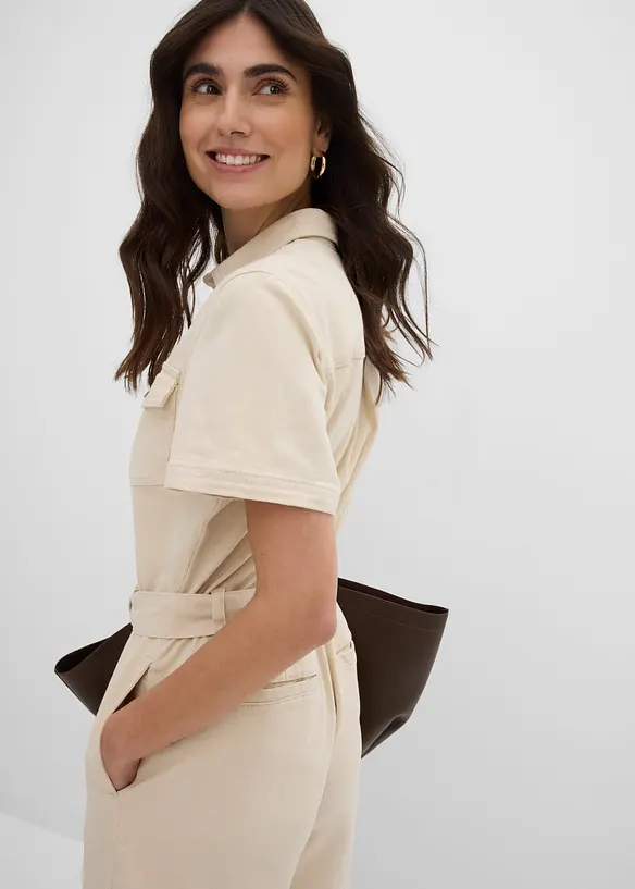 Jeansjumpsuit med korta &auml;rmar, bonprix