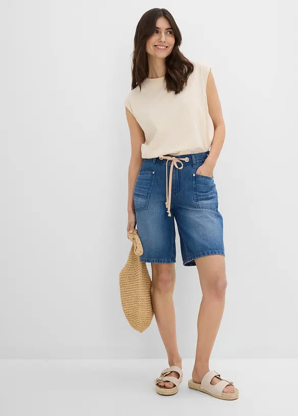 Jeansshorts Mid Waist, med dragsko, bonprix