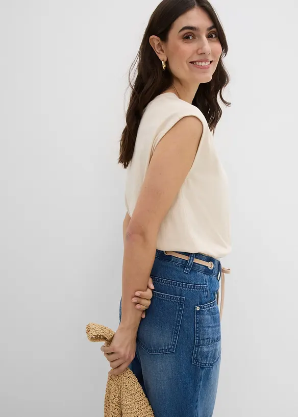 Jeansshorts Mid Waist, med dragsko, bonprix
