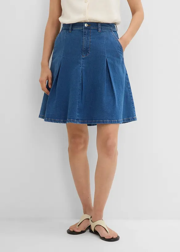 Jeanskjol Mid Waist, med veck, bonprix