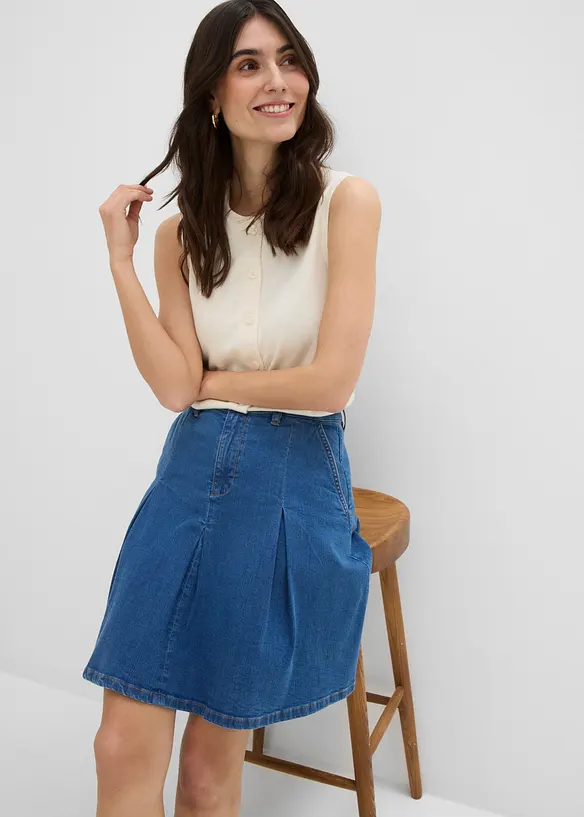 Jeanskjol Mid Waist, med veck, bonprix