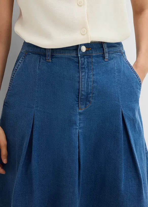 Jeanskjol Mid Waist, med veck, bonprix