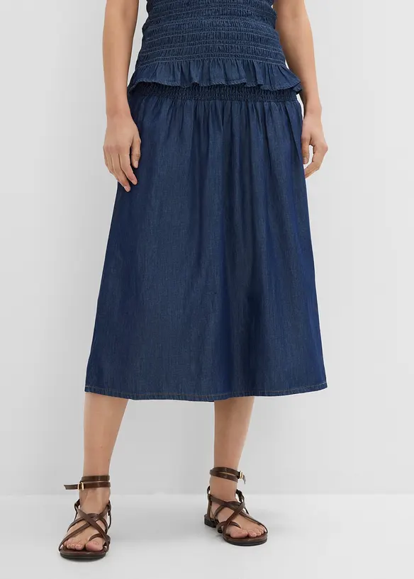 Jeanskjol i midil&auml;ngd, res&aring;rmidja, bonprix