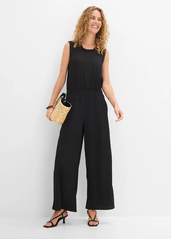 Jumpsuit i kr&auml;ppad jersey med struktur, bonprix